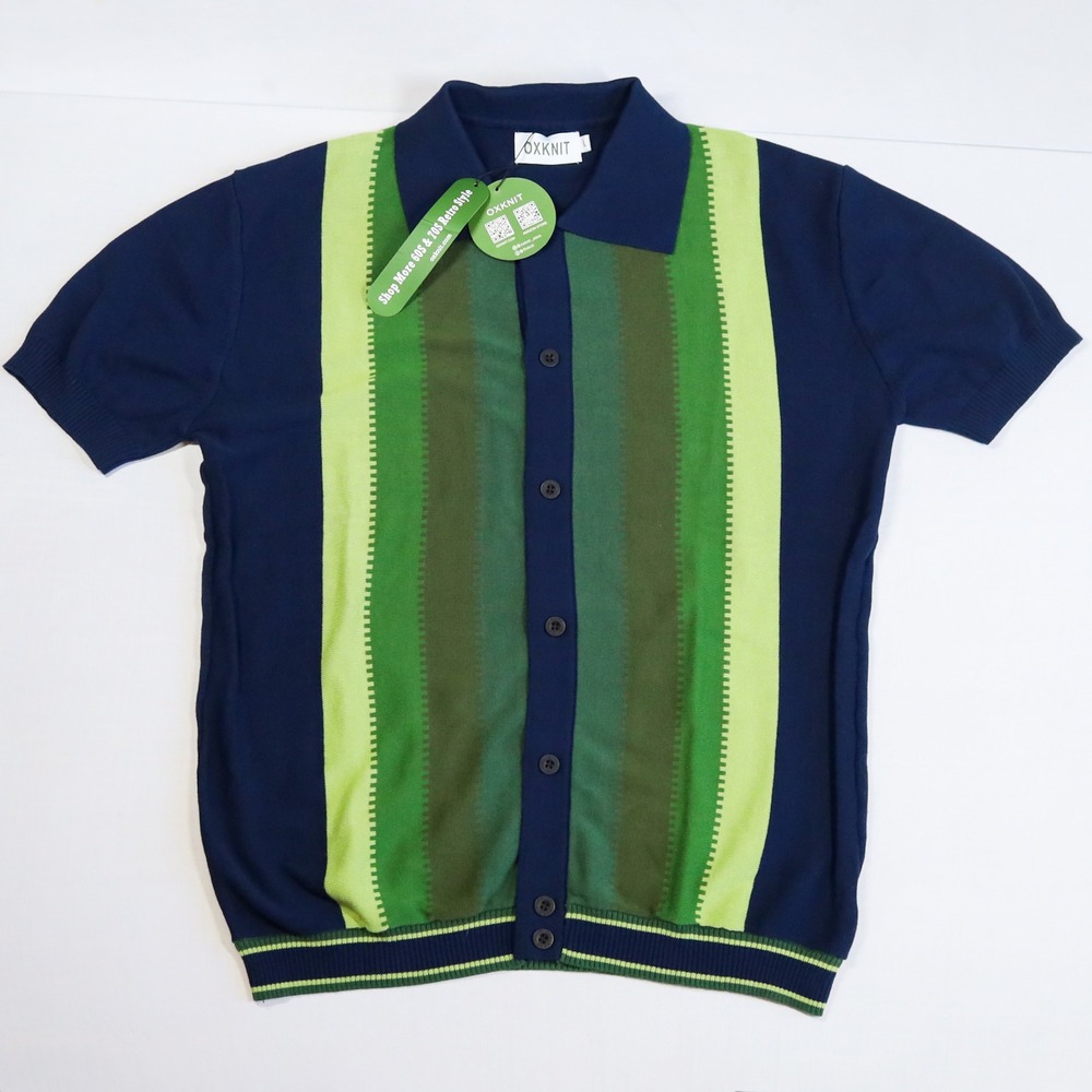 OXKNIT Knit Polo Shirt Mens Large Blue Green Retro 60s 70s Striped Button Up NWT